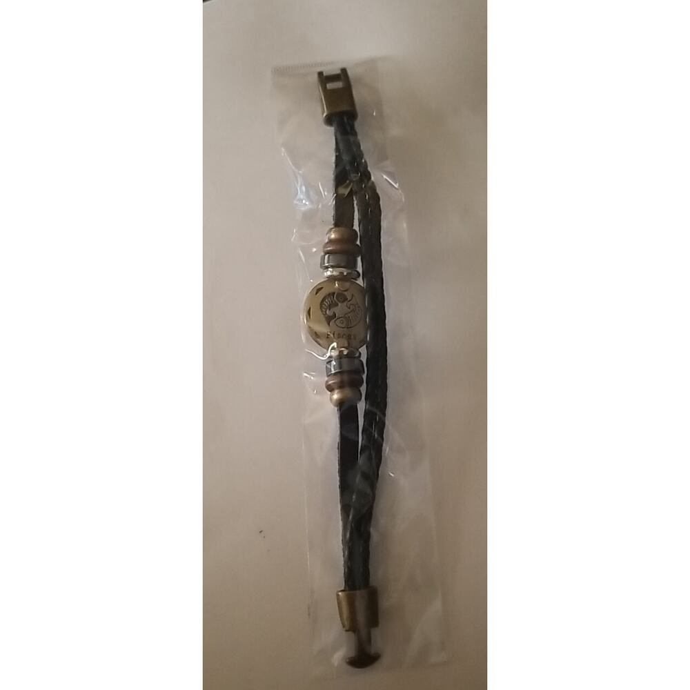 Pisces Horoscope leather bracelet braided metallic details zodiac brown GIFT